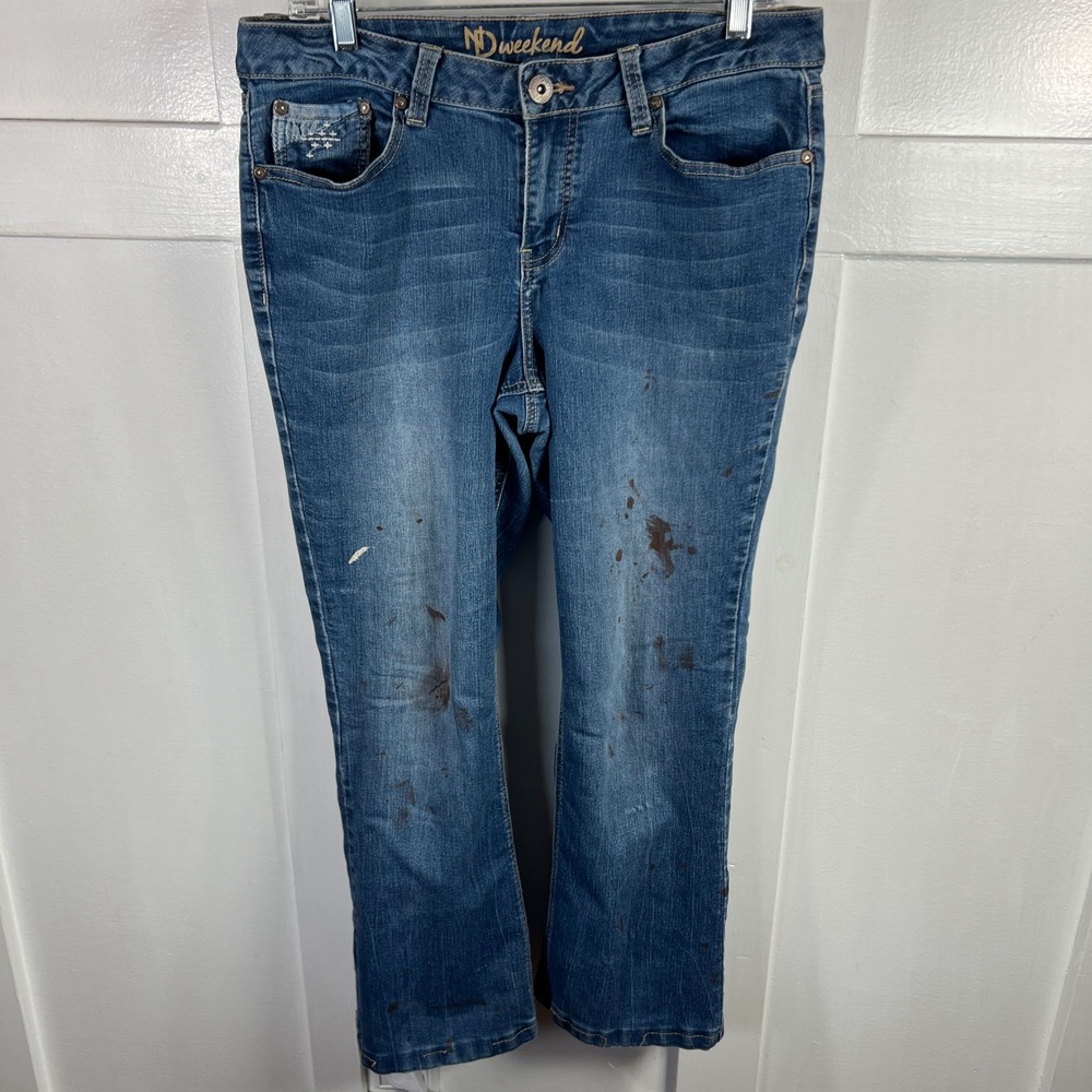 New Directions Weekend Womens 12 Bootcut Jeans Blue Distressed Stained Patchwork